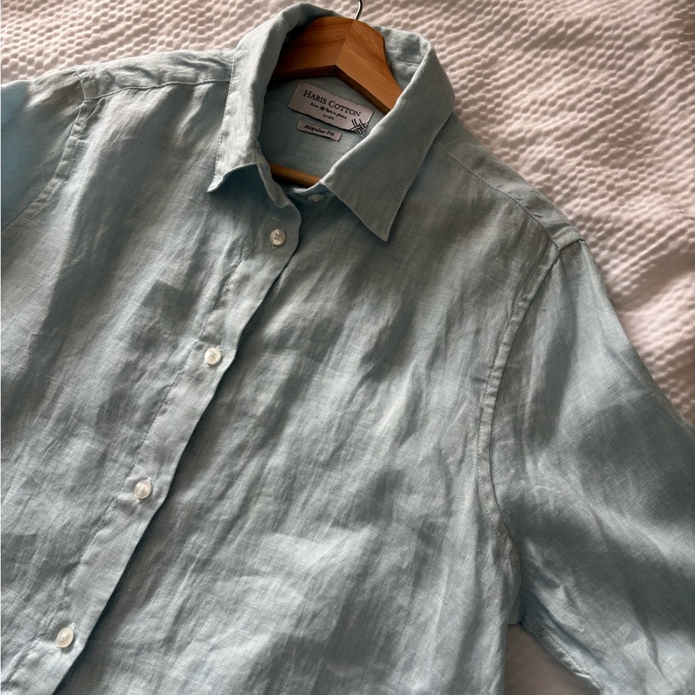 Haris Cotton Baby Blue Linen Gauze Beachy Coastal Boyfriend Style Shirt - Picture 3 of 10